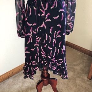 Gorgeous feather print and navy ruffle dress